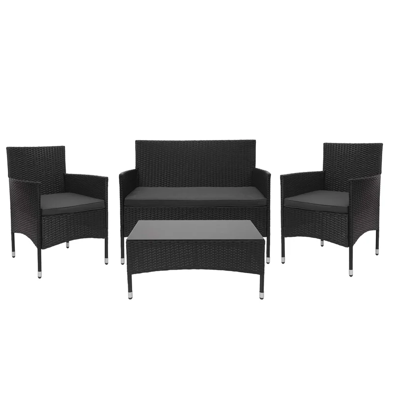 Salon de jardin balcon jardin en polyrotin noir canapé fauteuils table coussin gris foncé 04_0004212