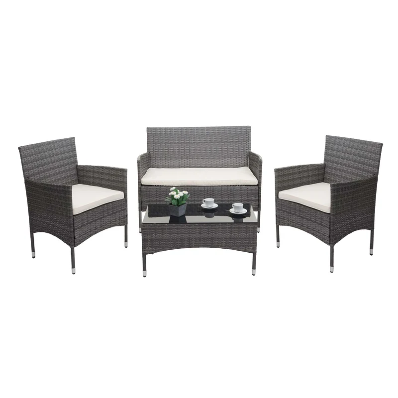 Salon de jardin balcon jardin en polyrotin gris canapé fauteuils table coussin crème 04_0004210