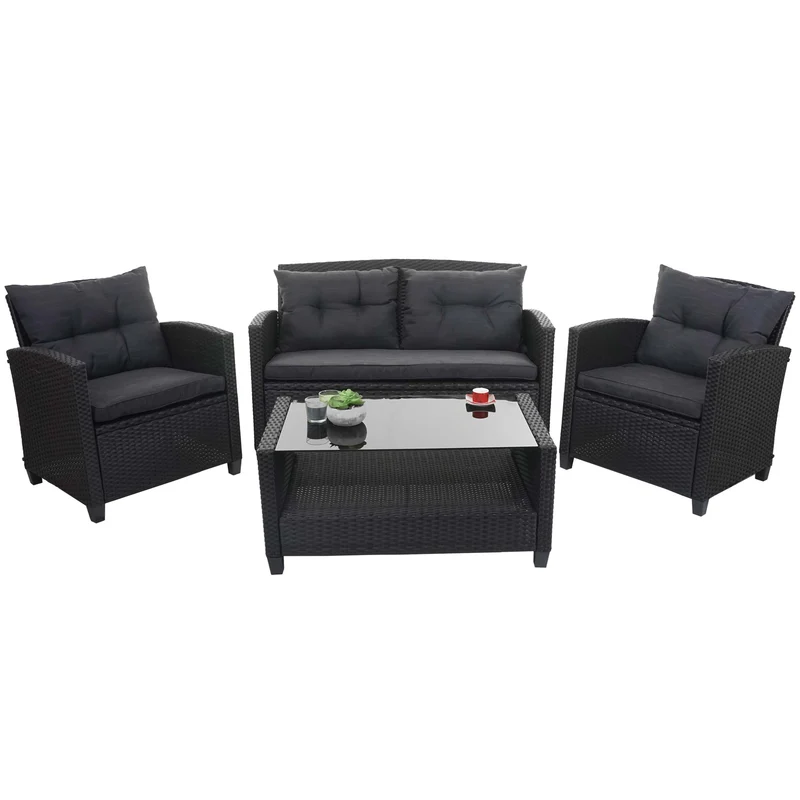 Salon de jardin en polyrotin terasse balcon canapé fauteuils coussins et table basse anthracite 04_0005632