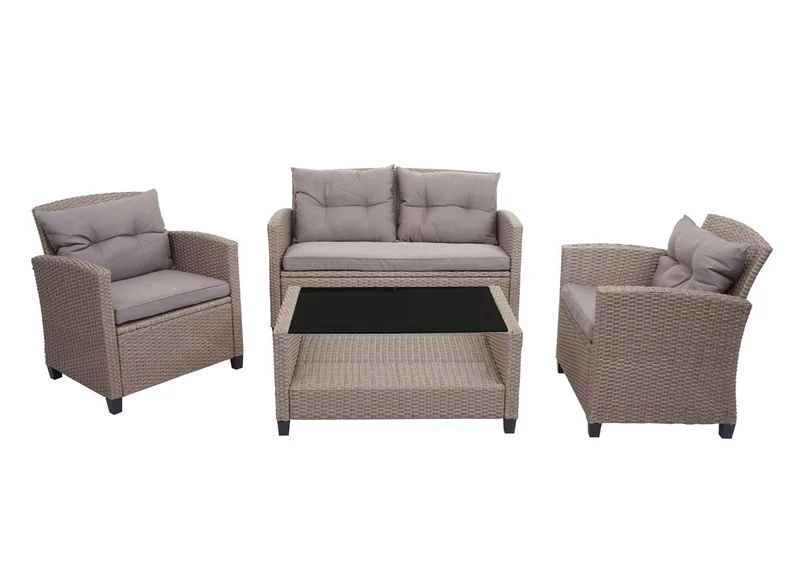 Salon de jardin en polyrotin terasse balcon canapé fauteuils coussins et table basse gris-brun 04_0005630
