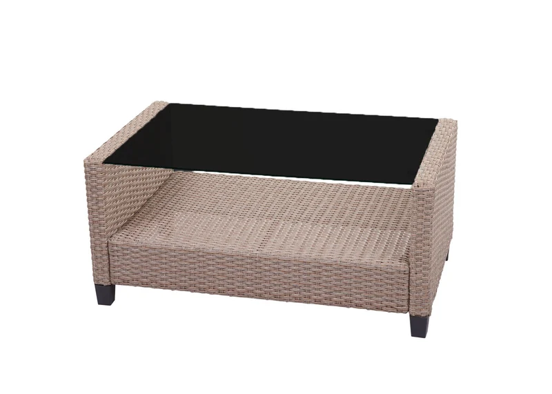 Salon de jardin en polyrotin terasse balcon canapé fauteuils coussins et table basse gris-brun 04_0005630