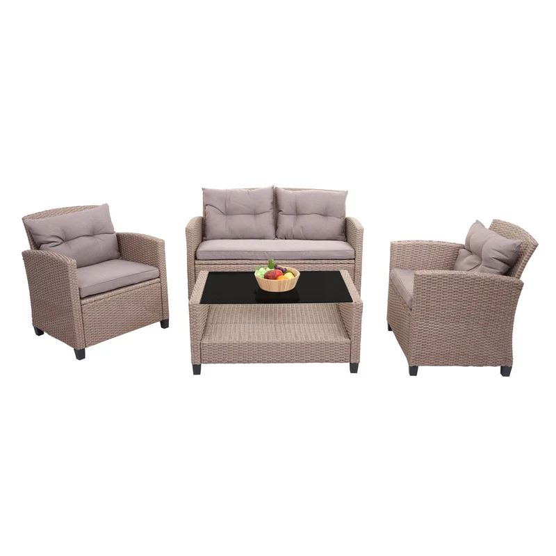 Salon de jardin en polyrotin terasse balcon canapé fauteuils coussins et table basse gris-brun 04_0005630