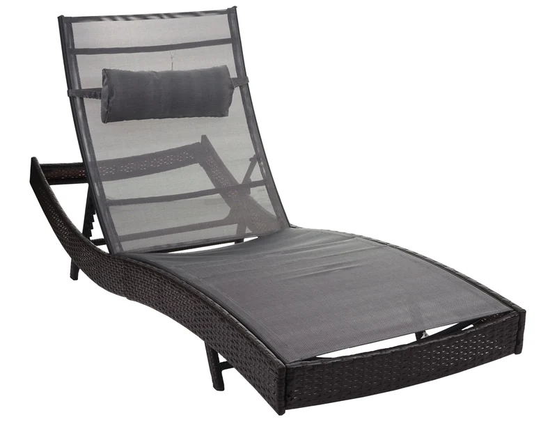 Chaise longue transat bain de soleil pour jardin poly-rotin marron housse gris 04_0004809