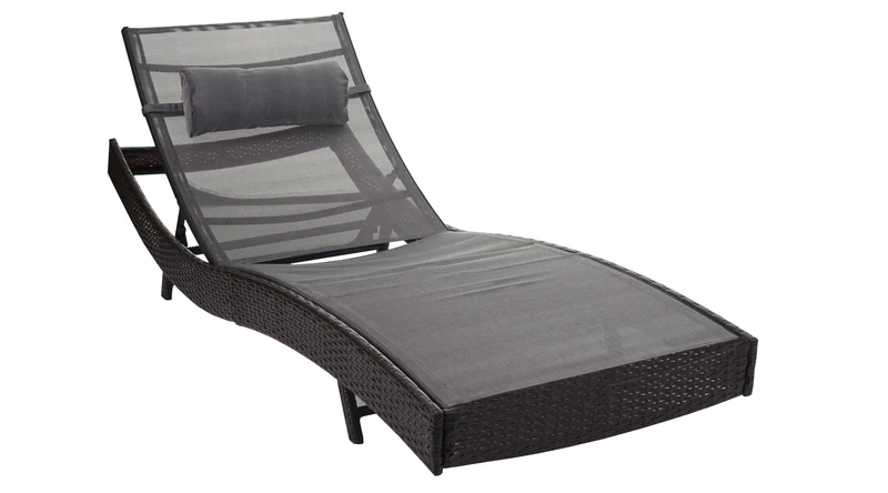 Chaise longue transat bain de soleil pour jardin poly-rotin marron housse gris 04_0004809