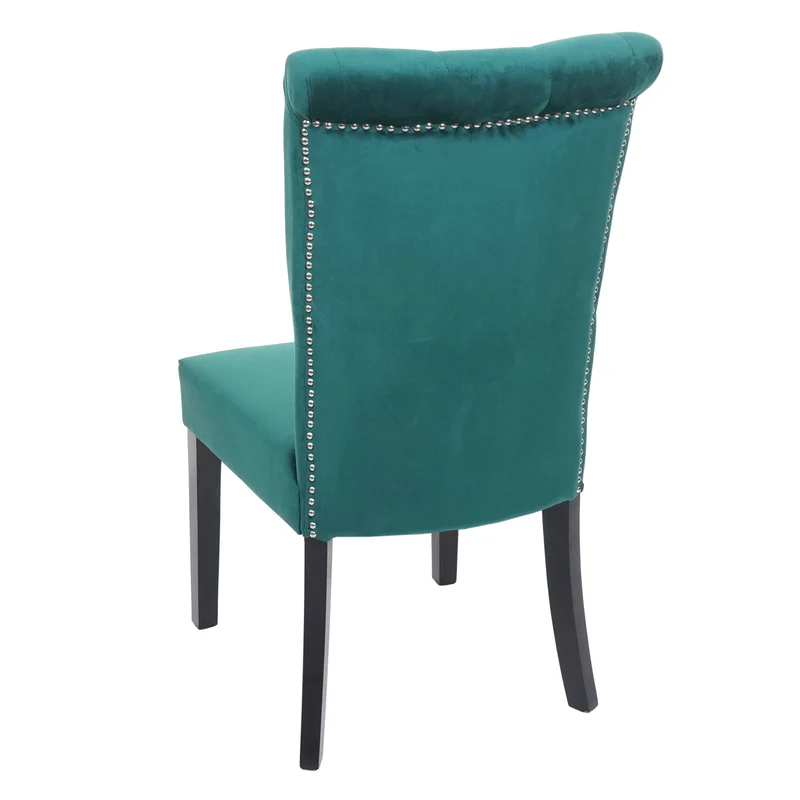Chaise à manger cuisine en velours vert foncé avec décoration bouton cristal pieds bois noirs 04_0002215