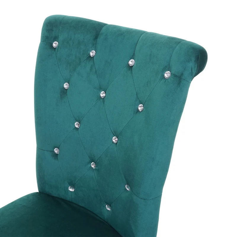 Chaise à manger cuisine en velours vert foncé avec décoration bouton cristal pieds bois clairs 04_0002214