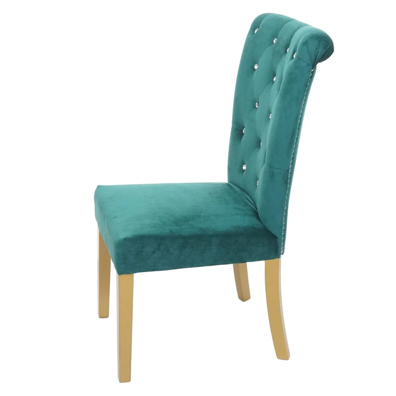 Chaise à manger cuisine en velours vert foncé avec décoration bouton cristal pieds bois clairs 04_0002214