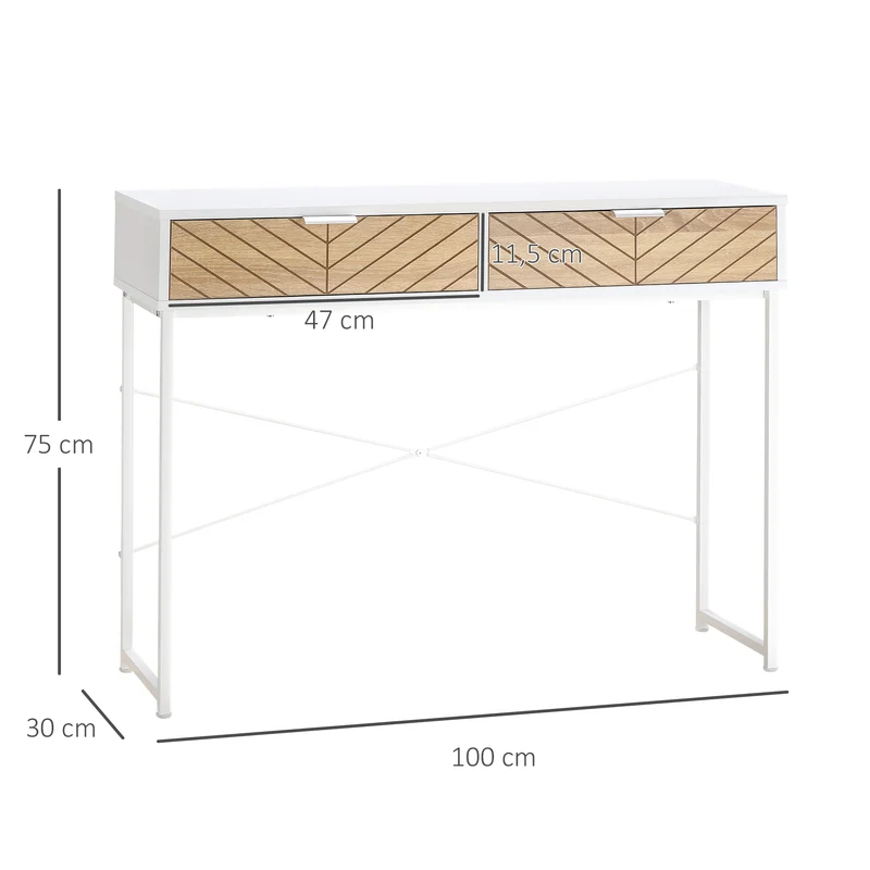 Table console entrée 100 x 30 x 75 cm 2 tiroirs montage facile chevrons industriel épuré en panneau de particules blanc 21_0002636