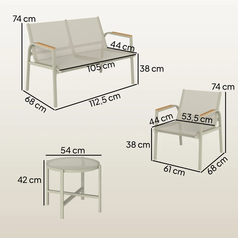 Salon de jardin 4 pièces 112.5 x 68 x 74 cm assise respirante modulable design moderne plateau verre en textilène vert 21_0005715