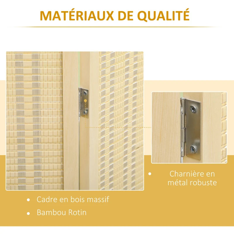 Paravent séparateur de pièce pliable 4 panneaux 180 x 180 cm intimité modulable autoportant rustique en bois naturel 21_0001265