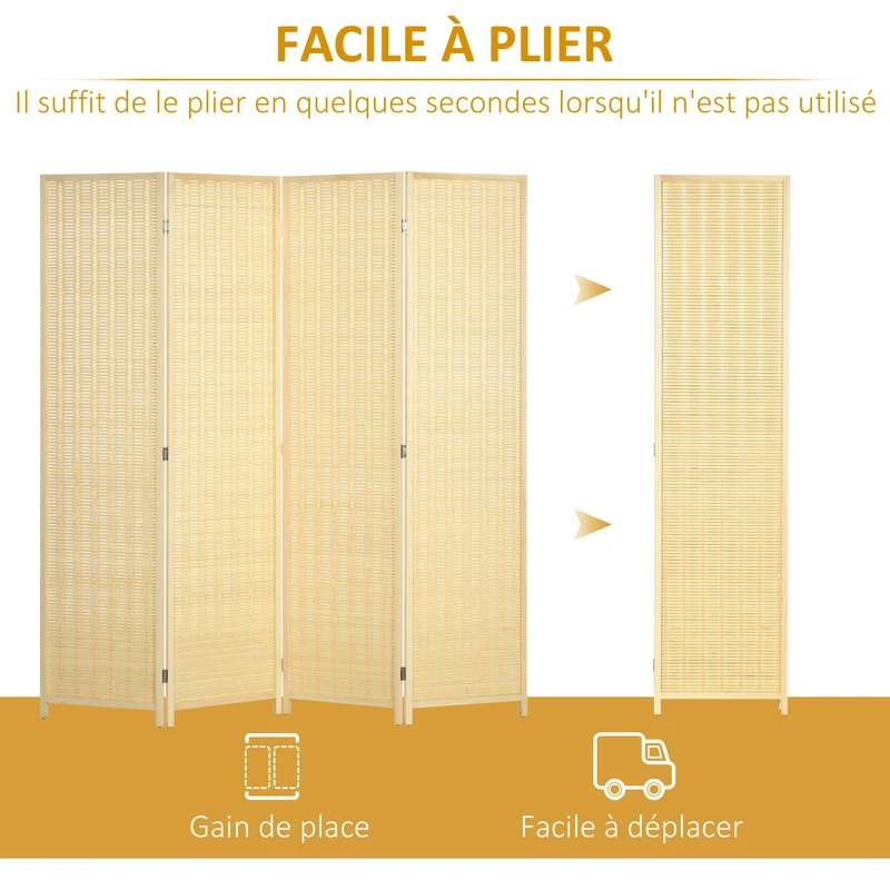 Paravent séparateur de pièce pliable 4 panneaux 180 x 180 cm intimité modulable autoportant rustique en bois naturel 21_0001265