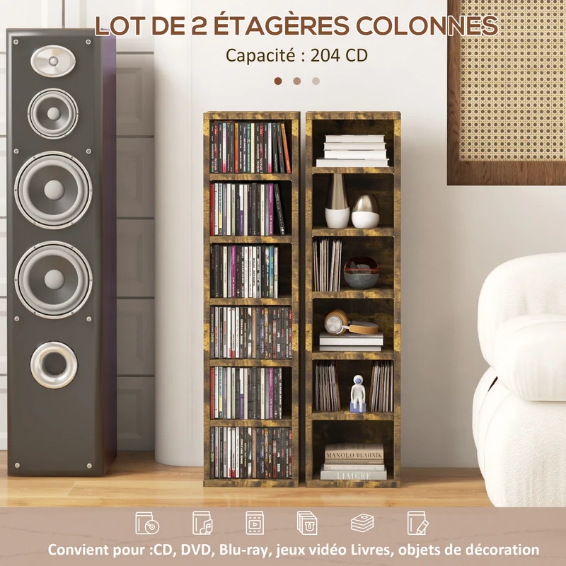 Lot de 2 étagères cd salon 21 x 22,5 x 88,5 cm 12 cases sécurisées contemporain en panneaux de particules brun rustique 21_0001800