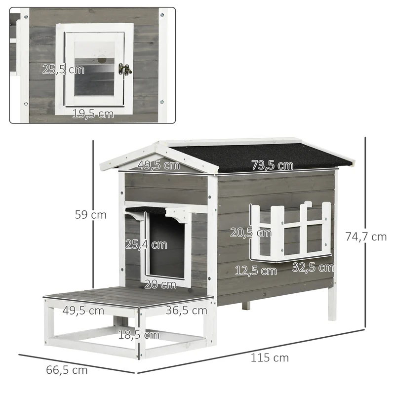Maisonnette pour chats extérieure jardin 115 x 66.5 x 74.7 cm base surélevée toit étanche scandinave cosy en bois gris 21_0007625