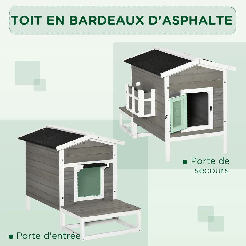 Maisonnette pour chats extérieure jardin 115 x 66.5 x 74.7 cm base surélevée toit étanche scandinave cosy en bois gris 21_0007625
