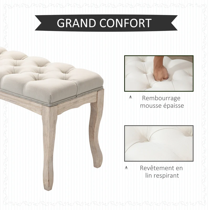 Lot de 2 banquette capitonnée bout de lit 110 x 38 x 49 cm confort mousse haute densité classique chic en lin beige 21_0002820