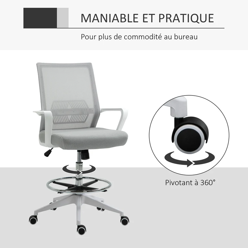 Fauteuil de bureau assise réglable 64 x 60 x 106-126 cm pivotant 360° dossier ergonomique contemporain en maille gris 21_0006346