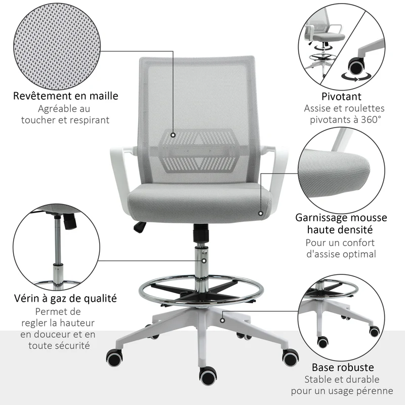 Fauteuil de bureau assise réglable 64 x 60 x 106-126 cm pivotant 360° dossier ergonomique contemporain en maille gris 21_0006346