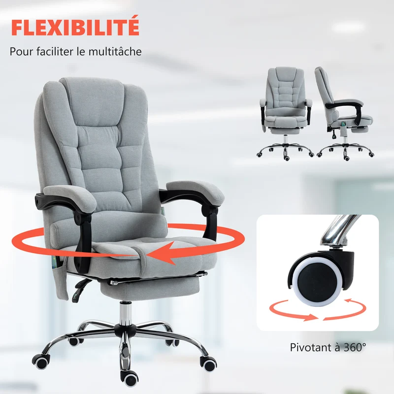 Fauteuil de bureau 65 x 70 x 111-119 cm massant chauffant design contemporain ambiance cosy en tissu gris clair uni 21_0006191