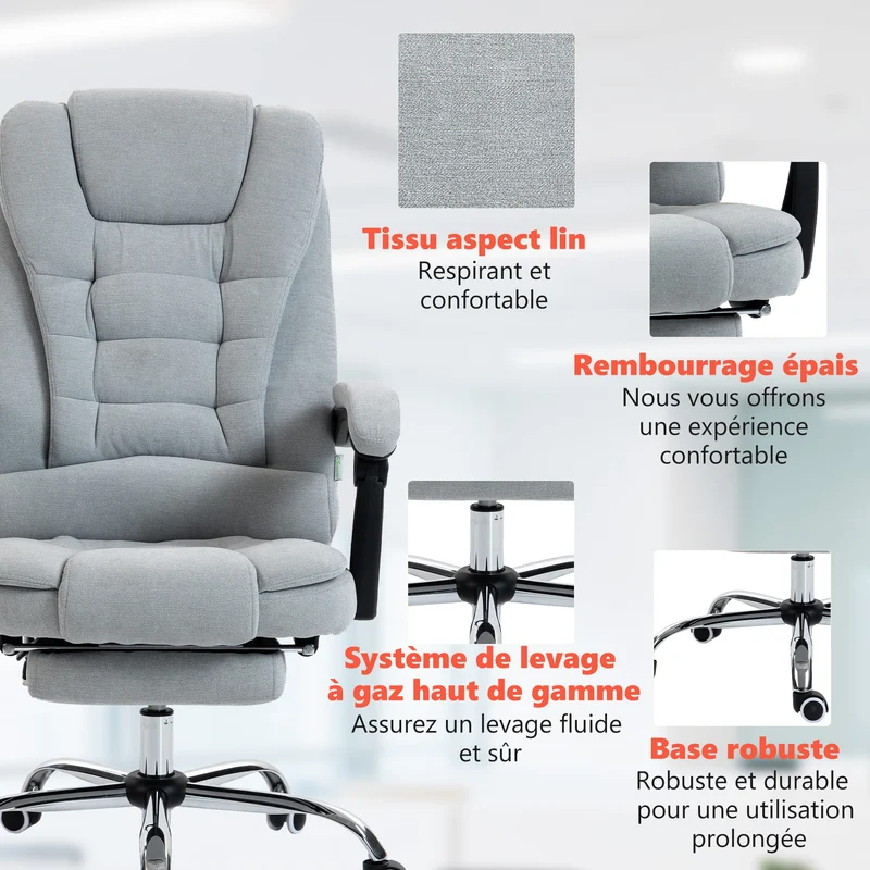 Fauteuil de bureau 65 x 70 x 111-119 cm massant chauffant design contemporain ambiance cosy en tissu gris clair uni 21_0006191