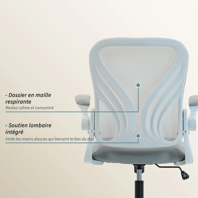 Chaise de bureau ergonomique 73 x 62 x 101-111 cm dossier rabattable assise rembourrée moderne en maille gris clair 21_0006331
