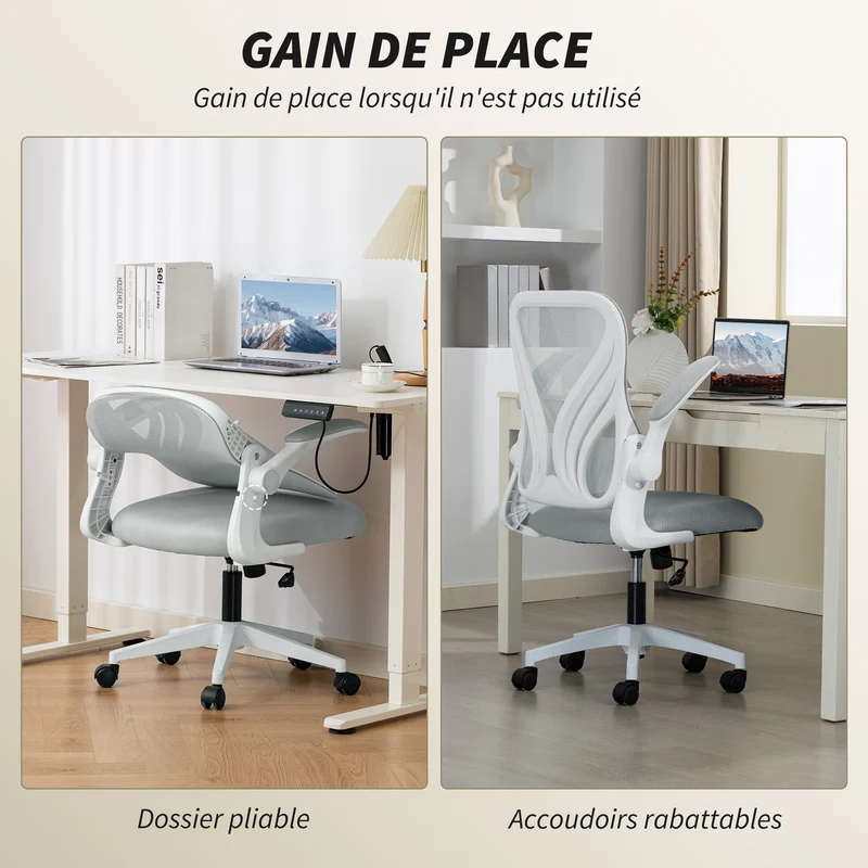 Chaise de bureau ergonomique 73 x 62 x 101-111 cm dossier rabattable assise rembourrée moderne en maille gris clair 21_0006331