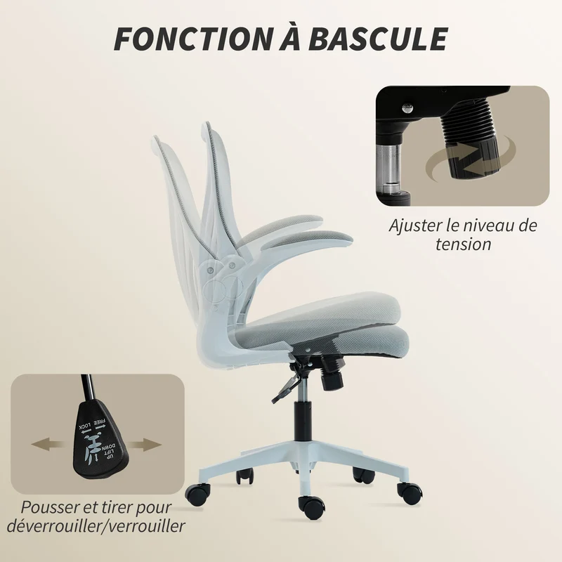 Chaise de bureau ergonomique 73 x 62 x 101-111 cm dossier rabattable assise rembourrée moderne en maille gris clair 21_0006331