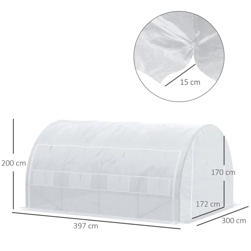 Serre tunnel de jardin 397 x 300 x 200 cm bâche anti-uv châssis renforcé idéal style contemporain en polyéthylène blanc 21_0004242