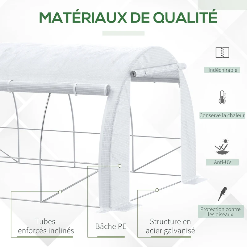 Serre tunnel de jardin 397 x 300 x 200 cm bâche anti-uv châssis renforcé idéal style contemporain en polyéthylène blanc 21_0004242