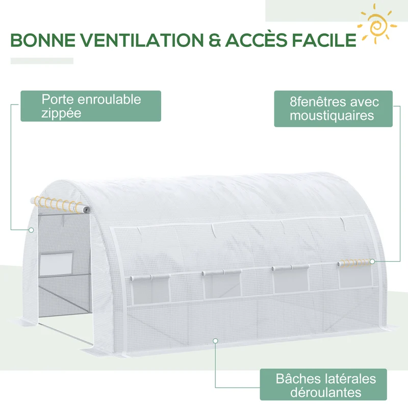 Serre tunnel de jardin 397 x 300 x 200 cm bâche anti-uv châssis renforcé idéal style contemporain en polyéthylène blanc 21_0004242
