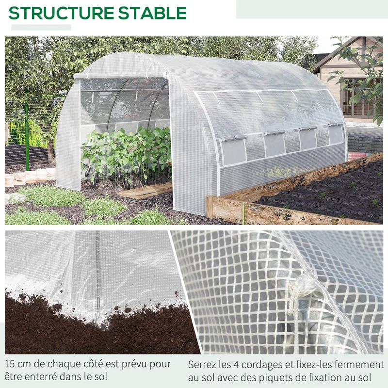 Serre tunnel de jardin 397 x 300 x 200 cm bâche anti-uv châssis renforcé idéal style contemporain en polyéthylène blanc 21_0004242