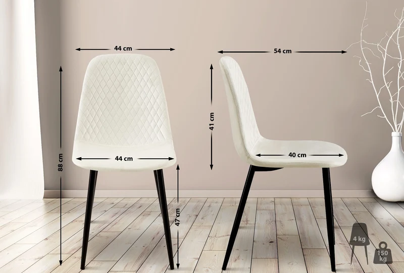Lot de 4 chaises de salle à manger coutures décoratives losanges assise en velours blanc crème pieds métal noir mat 10_0001883