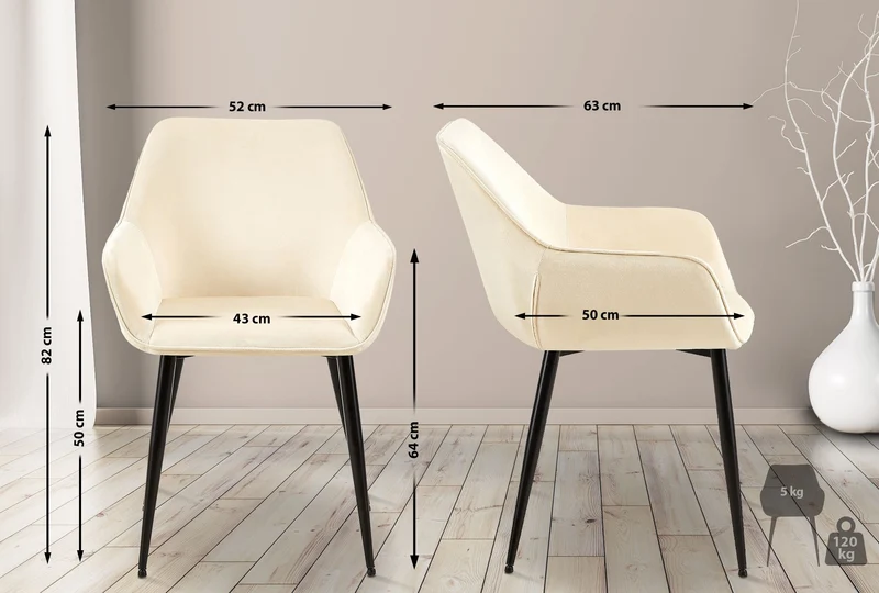 Lot de 2 chaises de salle à manger design moderne en velours crème et pieds métal noir 10_0001584