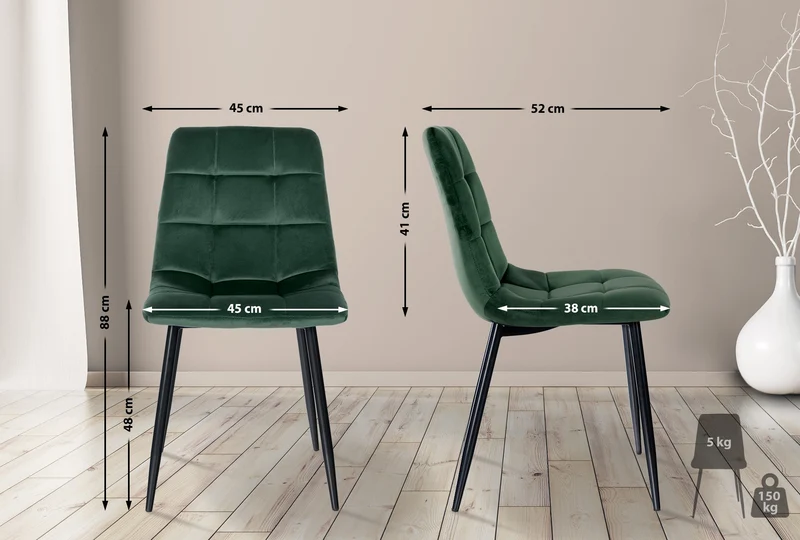 Lot de 4 chaises de salle à manger coutures décoratives carrées en tissu velours vert et pieds en métal noir 10_0001777