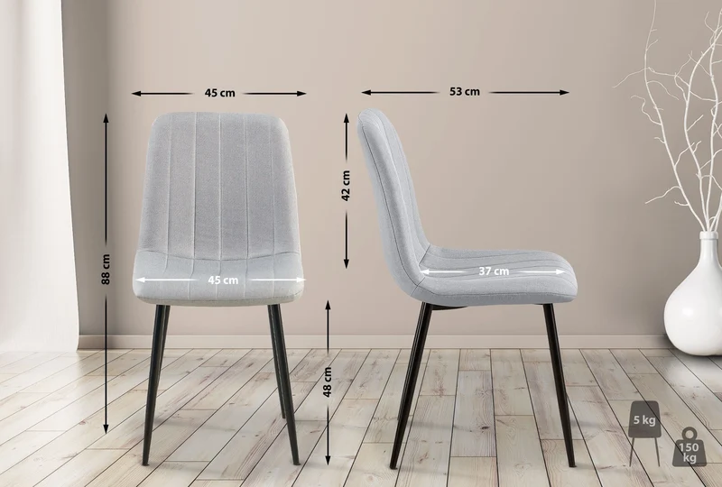Set de 4 chaises de salle à manger coutures décoratives verticales en tissu gris et pieds métal noir 10_0001871