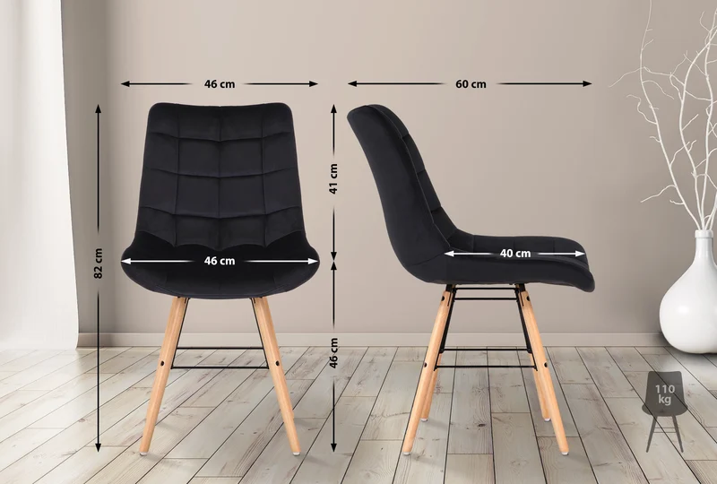 Lot de 2 chaises de salle à manger style scandinave couture carrée en velours noir et pieds en bois 10_0001738
