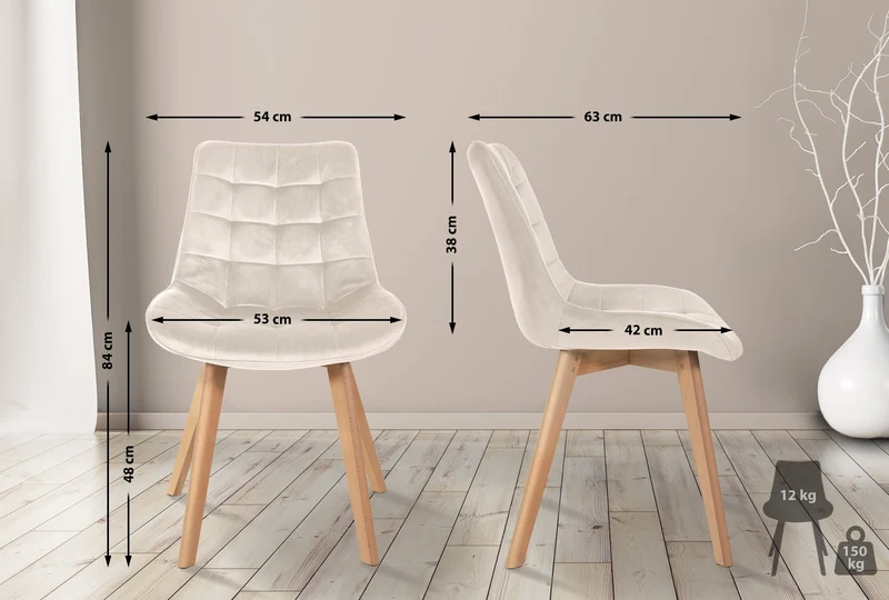 Lot de 2 chaises de salle à manger design scandinave coutures carrées en velours crème pieds en bois clair 10_0001684