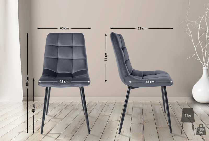 Lot de 2 chaises de salle à manger coutures décoratives carrées en velours gris foncé et pieds en métal noir 10_0001572