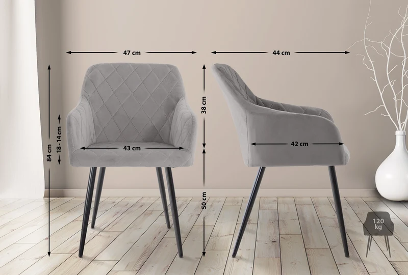Lot de 2 chaises de salle à manger style retro chic tissu gris et pieds en métal noir 10_0001563