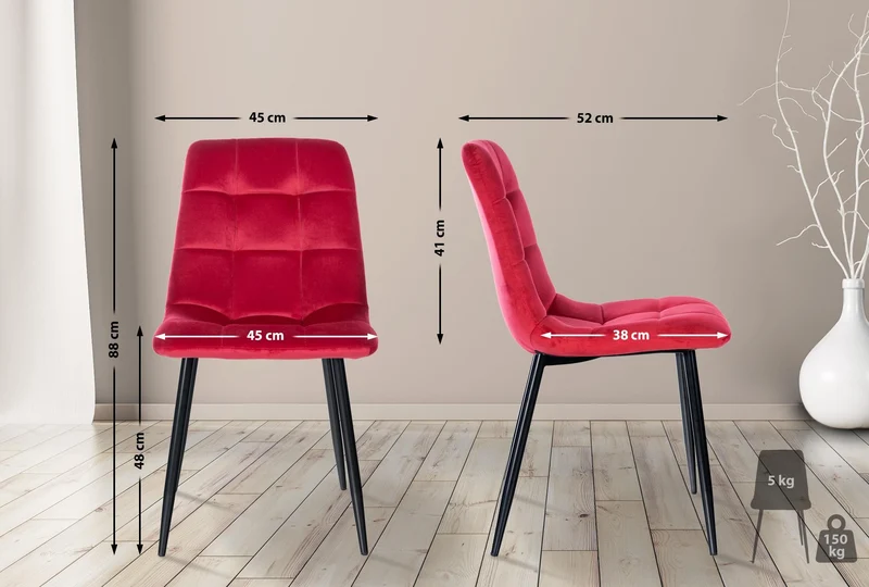 Lot de 2 chaises de salle à manger coutures décoratives en tissu velours rouge et pieds en métal noir 10_0001570