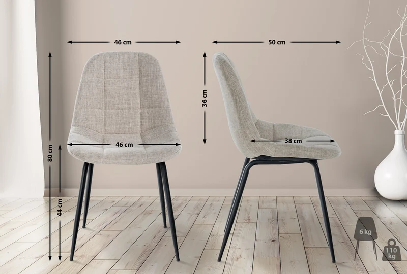 Set de 2 chaises de salle à manger cuisine coutures décoratives en tissu crème et pieds en métal noir 10_0001669