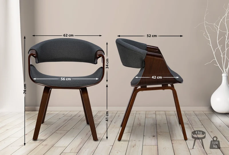 Lot de 2 chaises de la salle à manger design retro en structure en bois couleur noyer et assise en tissu gris 10_0001541