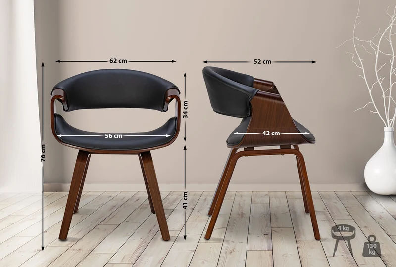 Lot de 2 chaises de la salle à manger design retro en structure en bois couleur noyer et assise en PVC noir 10_0001539