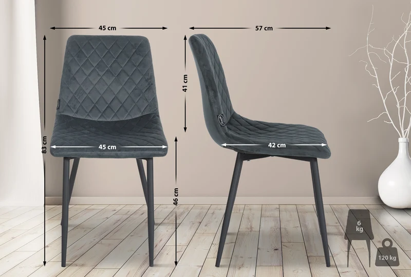 Chaise de salle à manger x1 coutures décoratives en losange assise en velours gris foncé et pieds métal noir 10_0001499