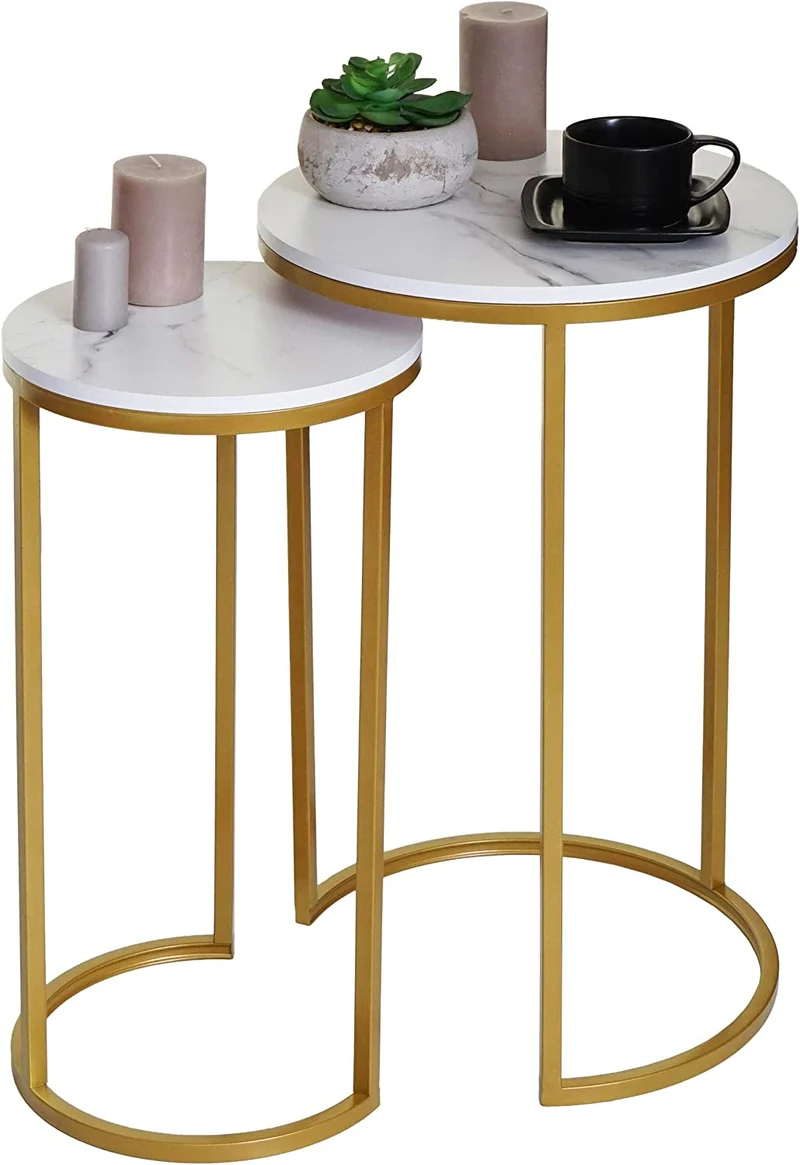Ensemble de 2 tables d'appoint aspect support plante bouts de canapés marbre MDF blanc et doré TAB04013