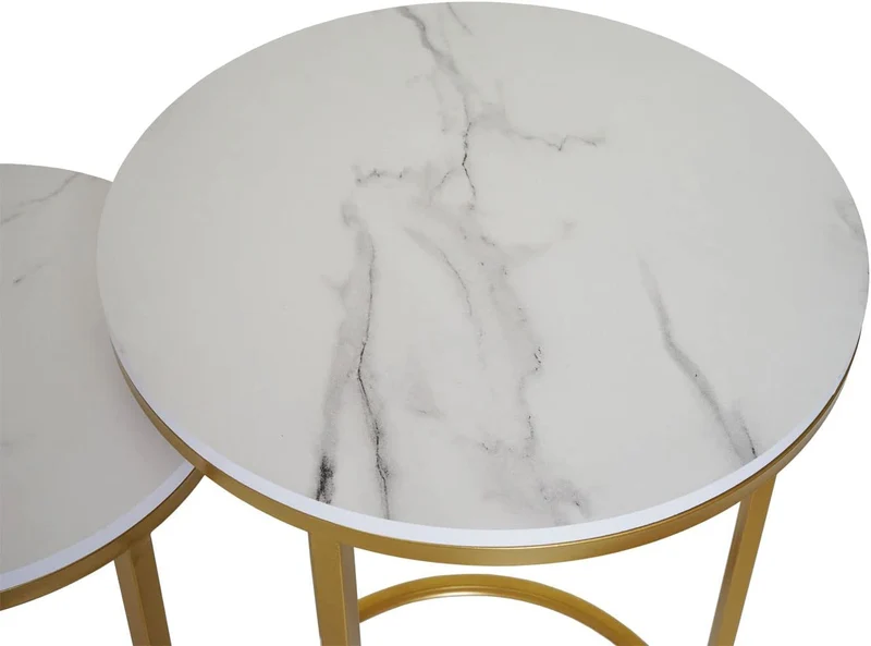 Ensemble de 2 tables d'appoint aspect support plante bouts de canapés marbre MDF blanc et doré TAB04013