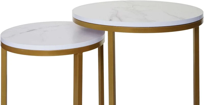 Ensemble de 2 tables d'appoint aspect support plante bouts de canapés marbre MDF blanc et doré TAB04013