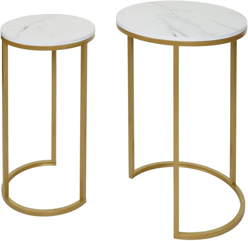 Ensemble de 2 tables d'appoint aspect support plante bouts de canapés marbre MDF blanc et doré TAB04013