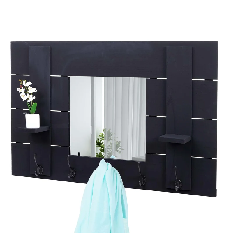 Porte manteau mural miroir panneau style vintage avec 5 crochets 90x60cm en bois gris foncé 04_0000996