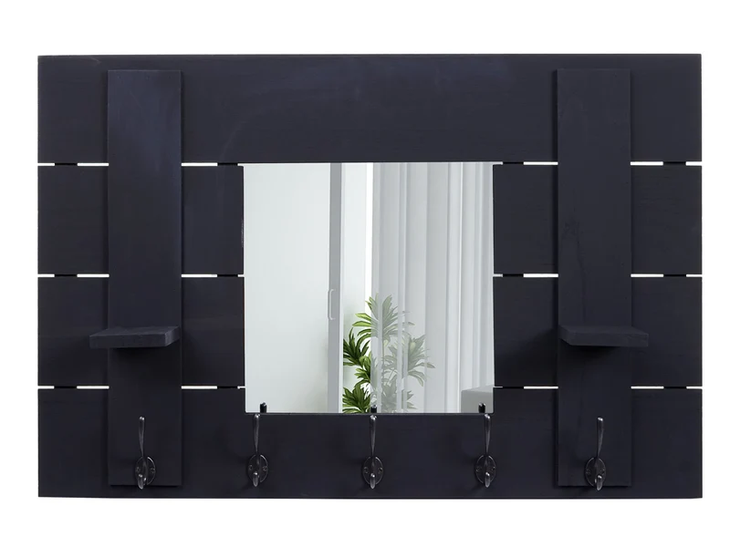 Porte manteau mural miroir panneau style vintage avec 5 crochets 90x60cm en bois gris foncé 04_0000996