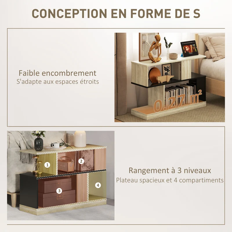 Table d'appoint en s salon utile 90 x 30 x 61 cm gain de place rangement 4 compartiments style moderne épuré en MDF noir 21_0003501